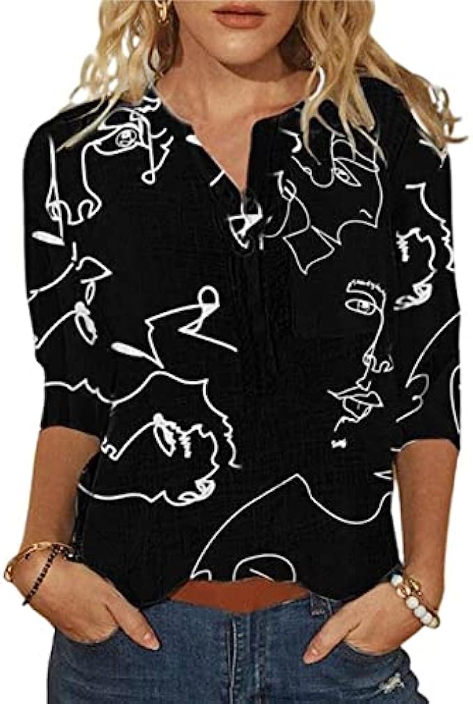 Womens Tops Summer Floral Printed Tee Shirt Button Neckline 3/4 Sleeve