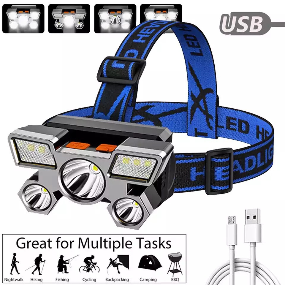 Flashlight Head Spotlight 5 LED Super Bright Waterproof USB Rechargeable